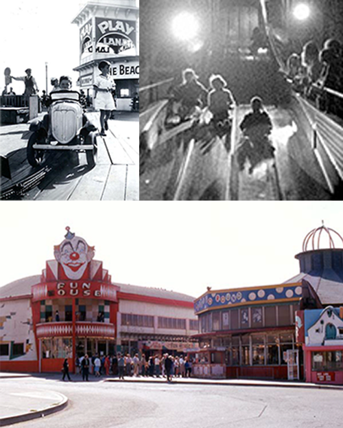 Left: historic image of child in toy car.  Right: historic image of children sliding down large slide. Bottom: colored photo of crowd in front of fun house with clown sign.