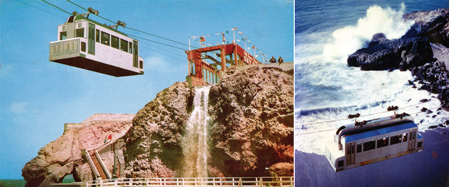 Left: Small tram hung by cables over cliff. Right: Birds eye view of tram car over beach.