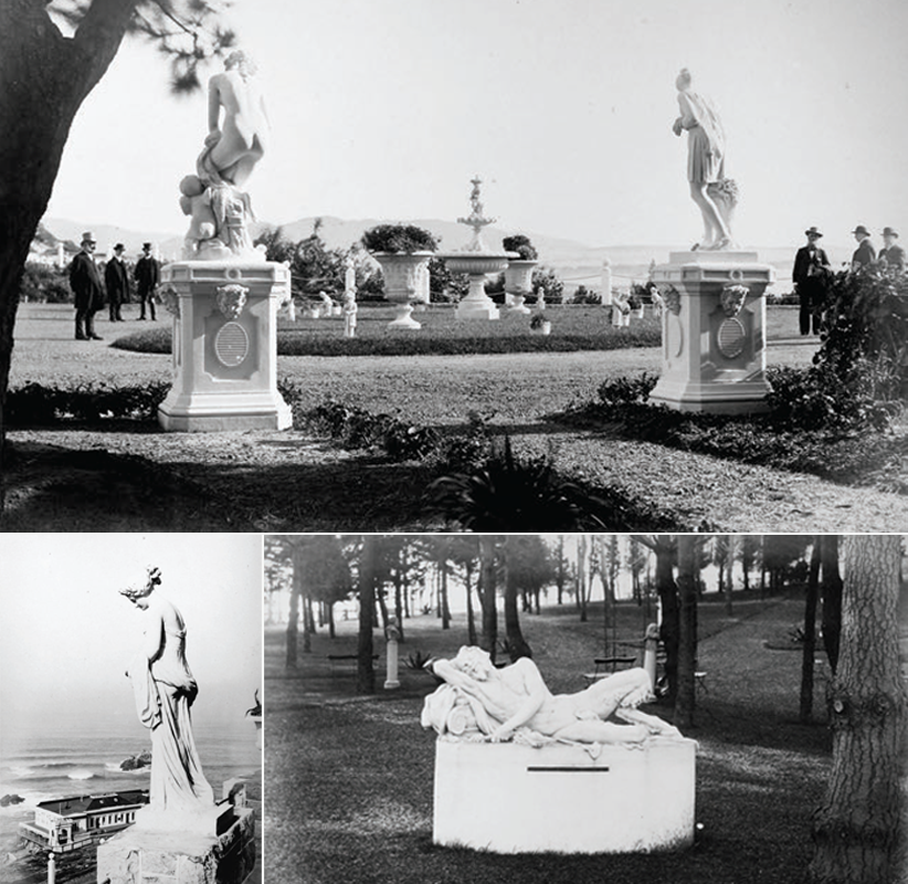 Top: Open garden with many white statues. Bottom left: Elegant statue of women overlooking beach. Bottom right: Reclining male statue in forest.