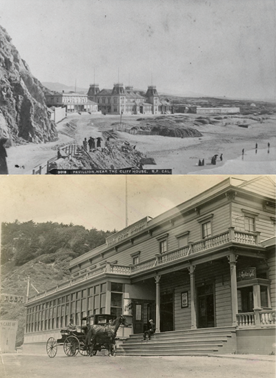Top: historic photo of large and elaborate hotel along Ocean Beach. Bottom: historic photo of wood-frame hotel with horse and buggy in front.