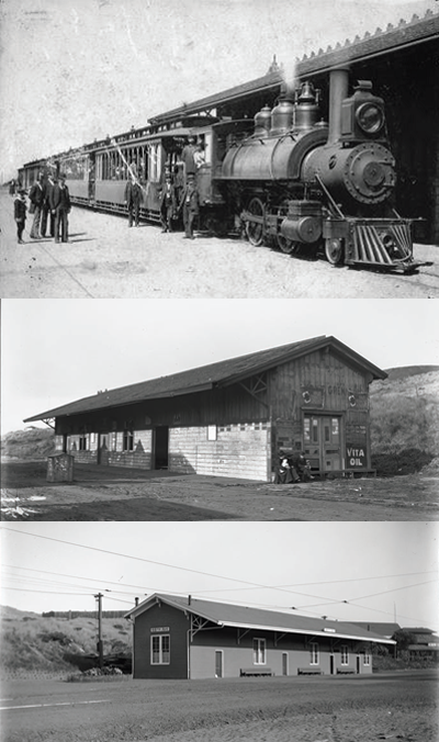 Top: People standing next to steam train. Middle: Large wooden shed building. Bottom: Long shed building with protective roof overhand and outside benches.