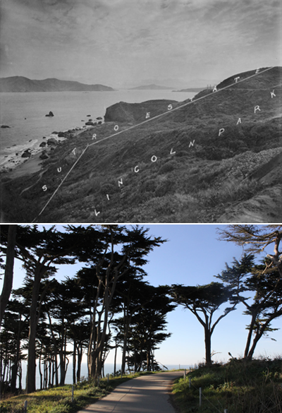 Top: Black & white photo of Lands End landscape with letters indicating property lines. Bottom: View of trail with boardwalk and trees.