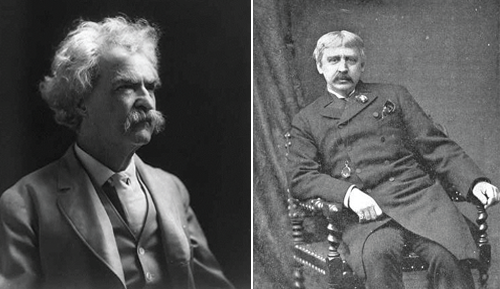 Left: Mark Twain with bushy mustache and crisp suit. Right: Bret Harte in formal dress coat sitting in chair. Left: Mark Twain with bushy mustache and crisp suit. Right: Bret Harte in formal dress coat sitting in chair.