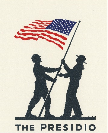 Graphic from Presidio transfer, soldier handing over flag to park ranger