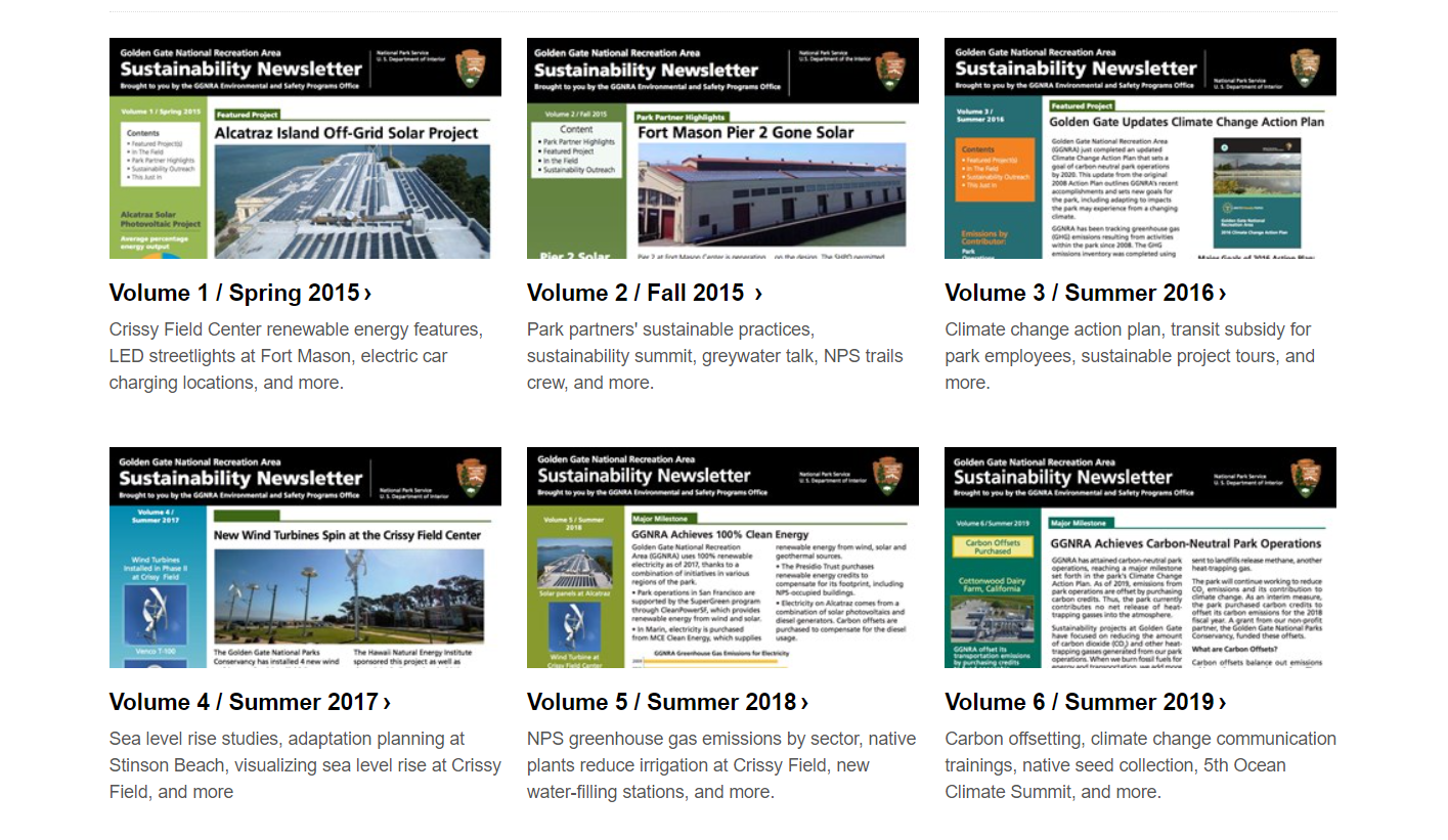 A screenshot of the sustainability newsletter webpage, with small images displaying all the newsletters.