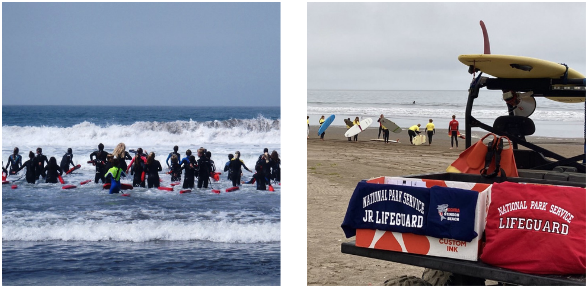 Junior lifeguards run into the surf at the beginning of a swim test. Junior lifeguards receive instruction from lifeguards before practicing with rescue boards in the ocean.