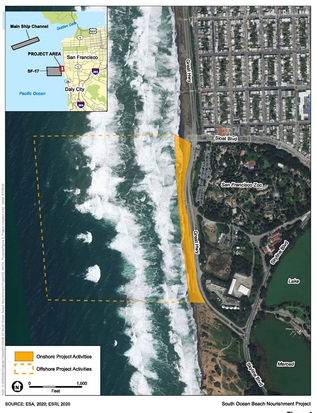 Aerial photo of the south end of Ocean Beach showing temporary closure area west of the Great Highway between Sloat Boulevard and Skyline Boulevard