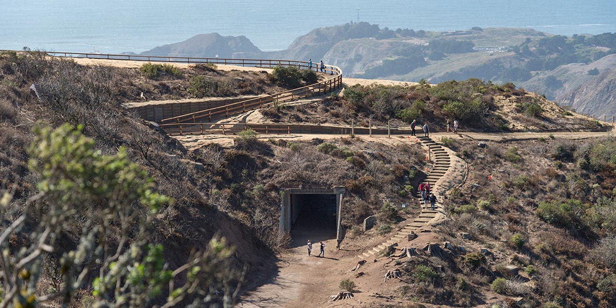 Trails leading to the top of Hawk Hill, including stairs with rails.