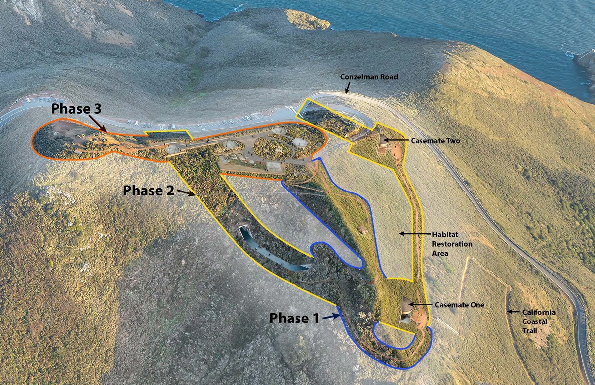 Aerial view of Hawk Hill showing the locations of the three project phases