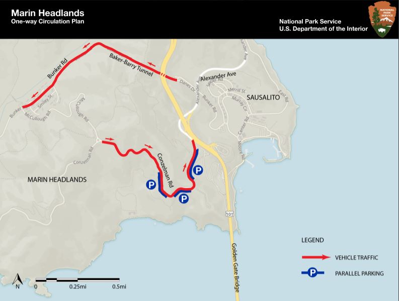 Map of Marin Headlands one-way travel in the eastbound direction between McCullough Road and Alexander Avenue.