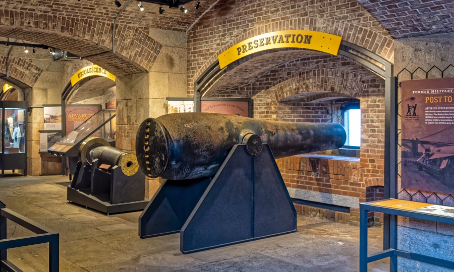A Civil War era gun stands as part of the new exhibit at Fort Point