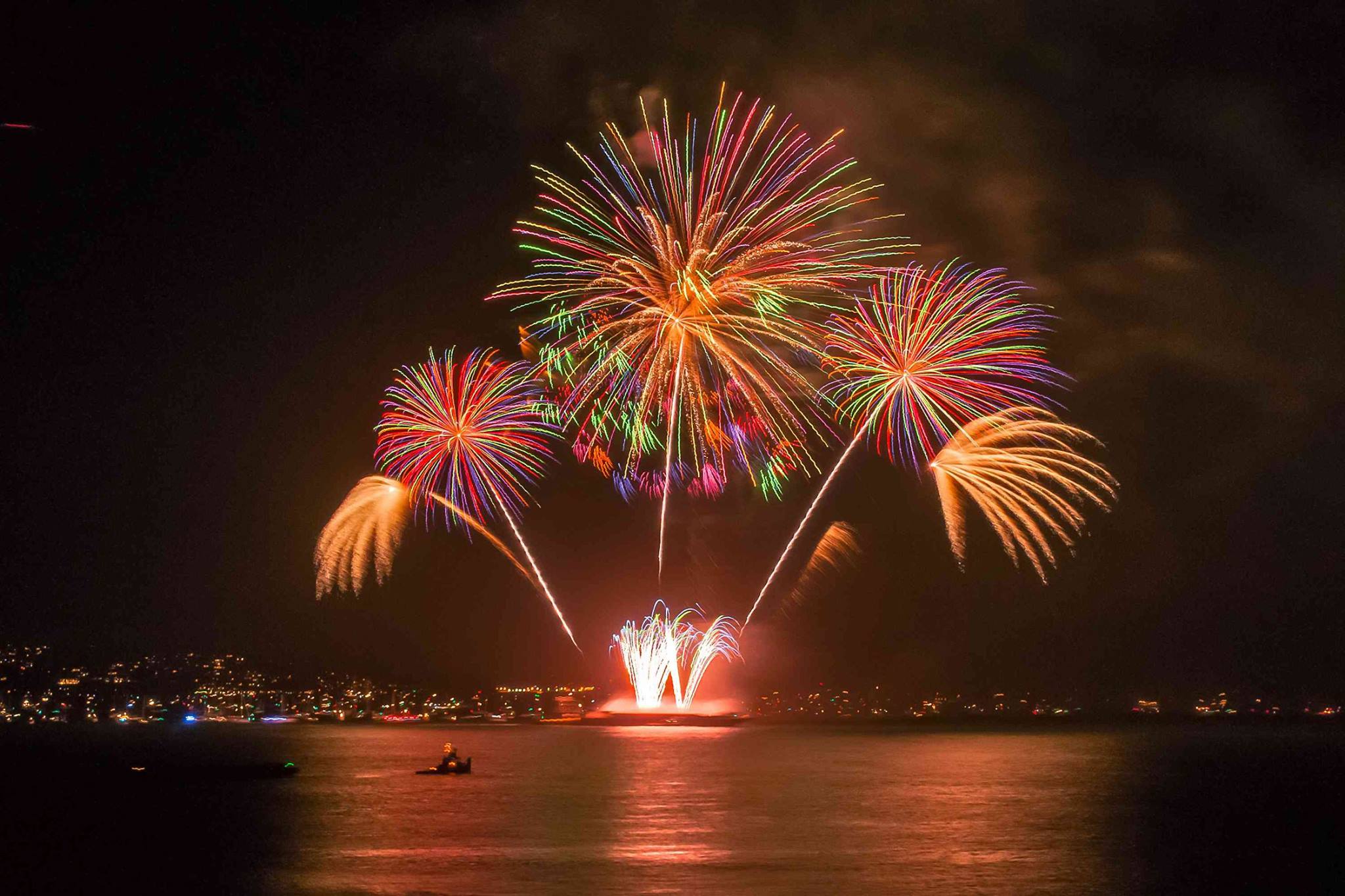Colorful fireworks over still open water.