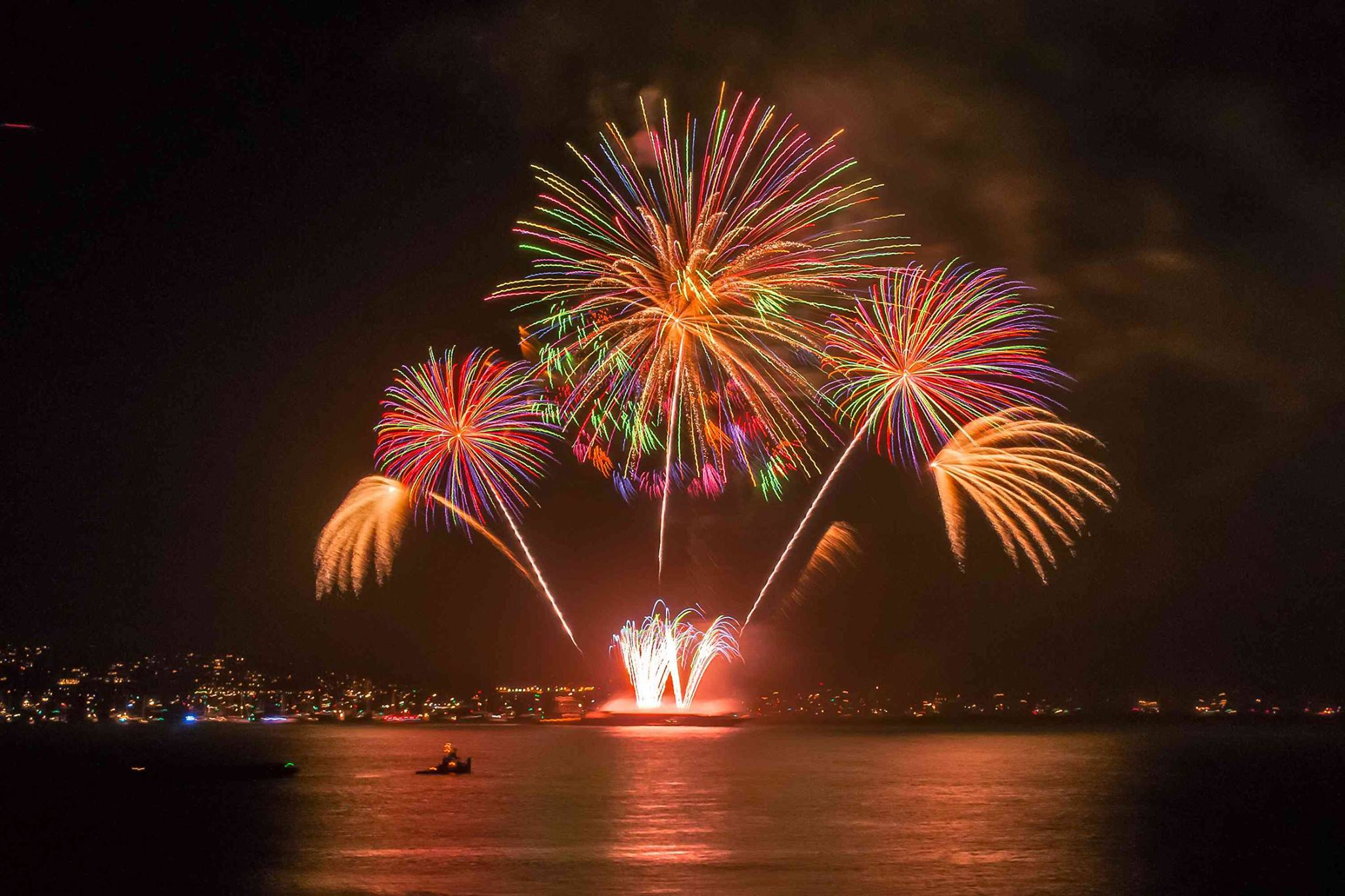 Fourth of July fireworks Colorful fireworks over still open water.