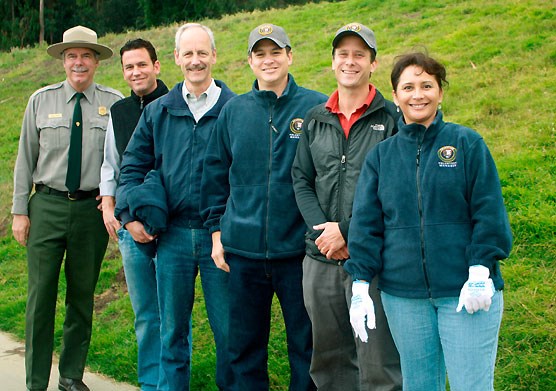 The following speakers welcomed the volunteers at Crissy Field (left to right): Interim Superintendent of Golden Gate National Parks, Frank Dean; Deputy Director for the Golden Gate National Parks Conservancy, Doug Overman; Presidio Trust Executive Director, Craig Middleton; Interior’s Director of External Affairs, Ray Rivera; Vice President of Marketing for The North Face, Aaron Carpenter;  and Community Engagement Specialist for Toyota, Kathy Mota.