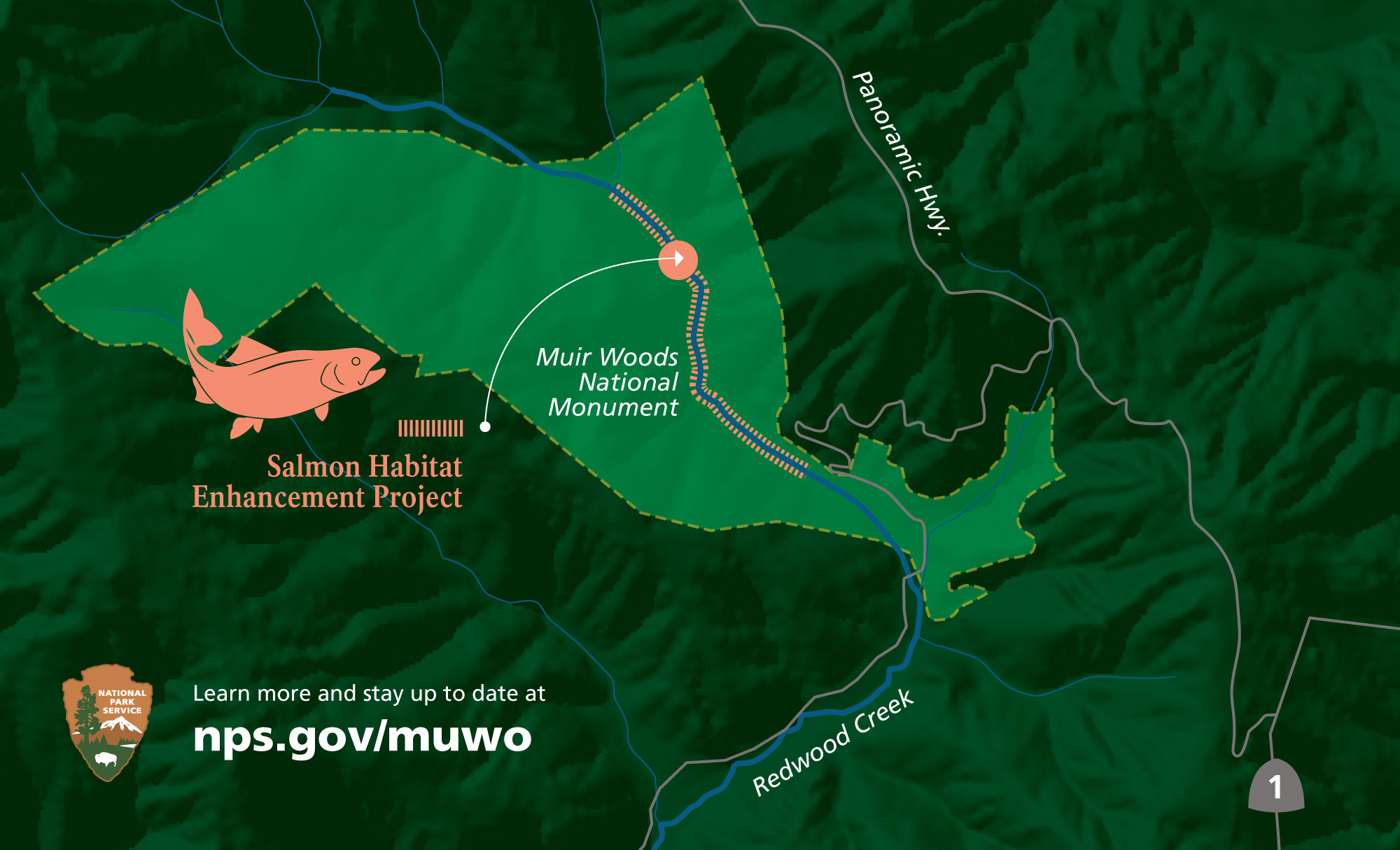 A map shows Redwood Creek and the text Salmon Habitat Enhancement Project and a fish figure pointing to a part of the creek. A map shows Redwood Creek and the text Salmon Habitat Enhancement Project and a fish figure pointing to a part of the creek.