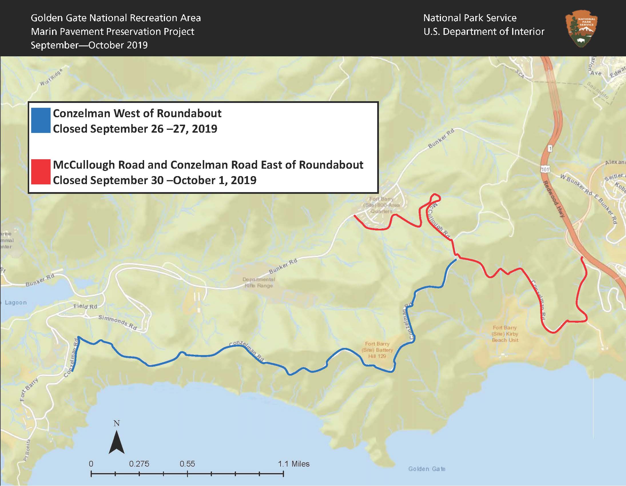 Map of upcoming closed areas in the Marin Headlands show McCullough and Conzelman Roads east of roundabout closed September 30 and October 1 in red. The blue portion identifies Conzelman Road west of roundabout closed on September 26 and 27. Map of upcoming closed areas in the Marin Headlands show McCullough and Conzelman Roads east of roundabout closed September 30 and October 1 in red. The blue portion identifies Conzelman Road west of roundabout closed on September 26 and 27.
