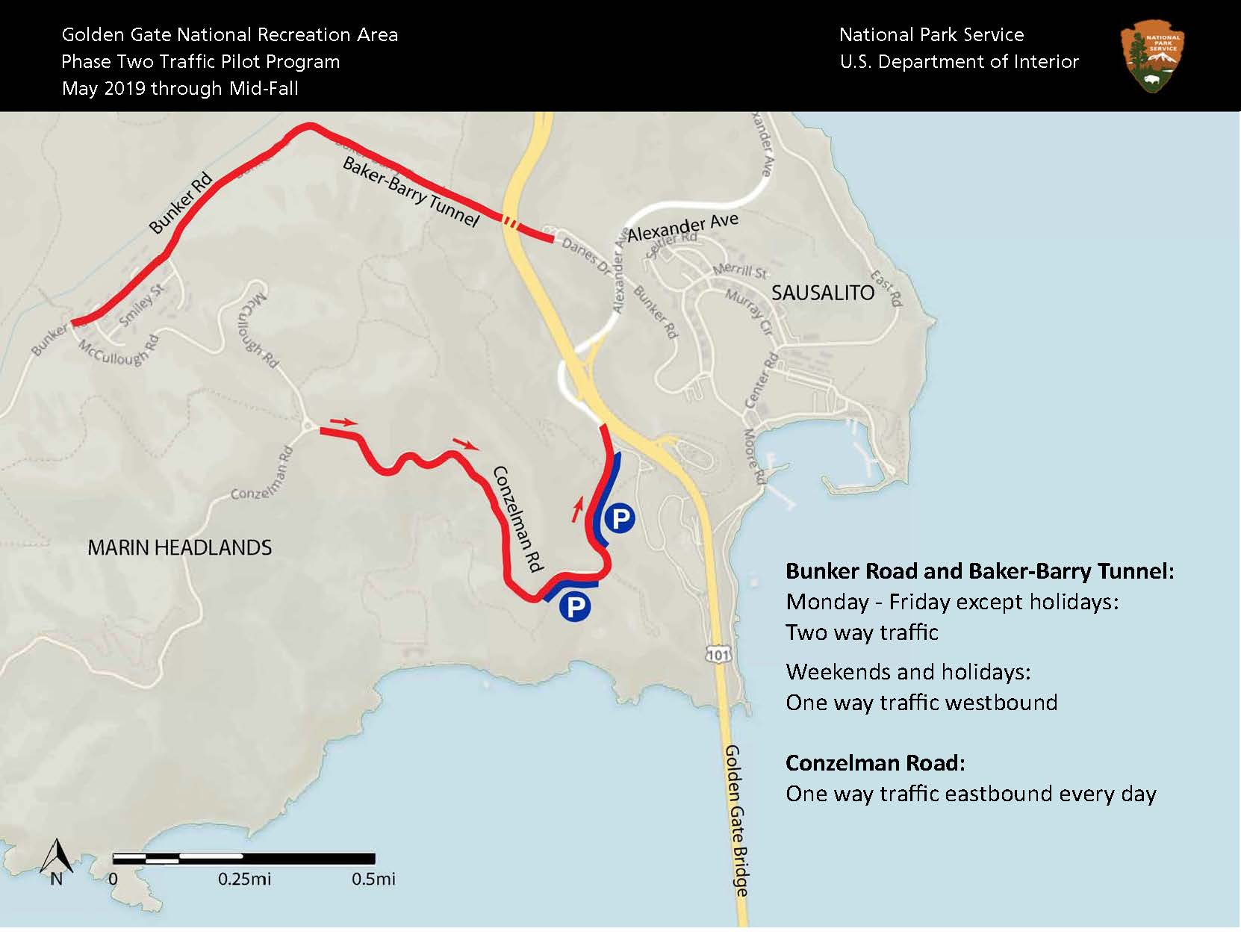 Map of the Marin Headlands with Bunker Road and Baker-Barry Tunnel and a portion of Conzelman Road highlighted.