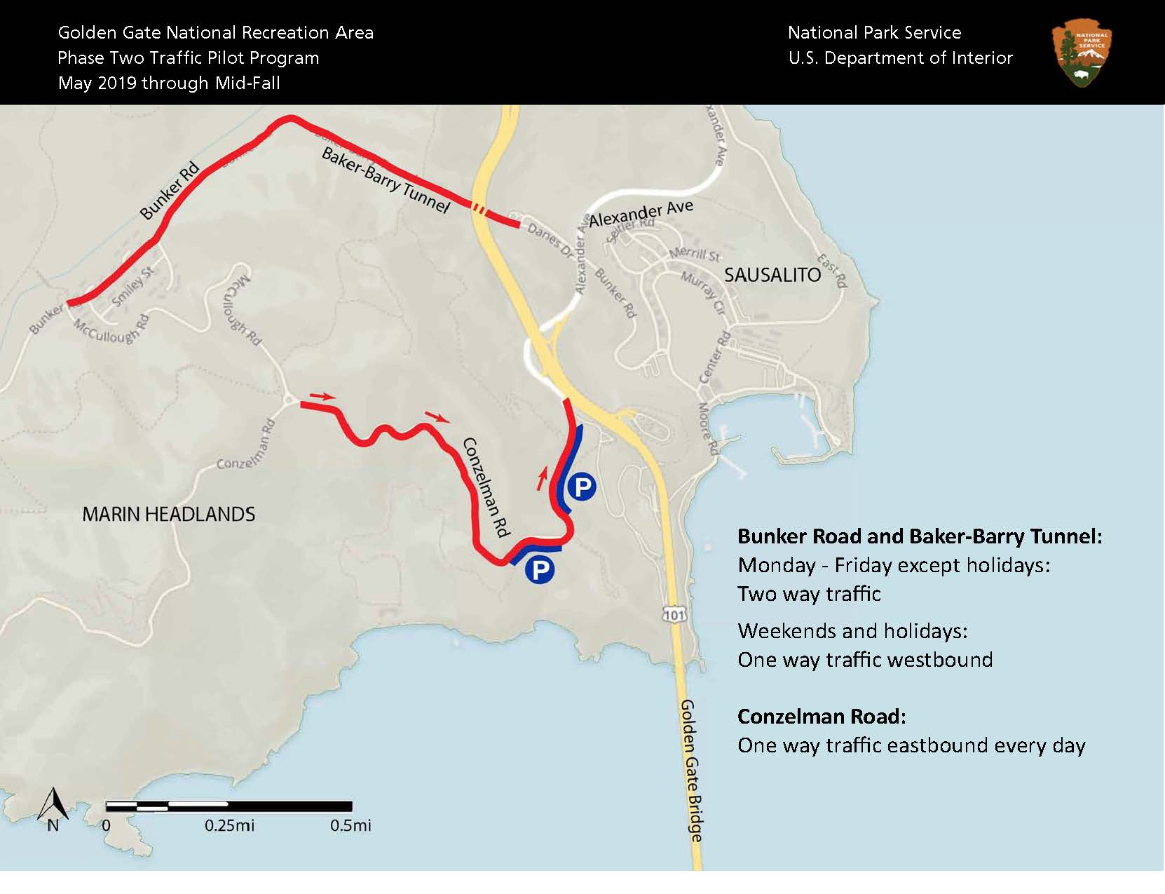 Map of the Marin Headlands with Bunker Road and Baker-Barry Tunnel and a portion of Conzelman Road highlighted. Map of the Marin Headlands with Bunker Road and Baker-Barry Tunnel and a portion of Conzelman Road highlighted.