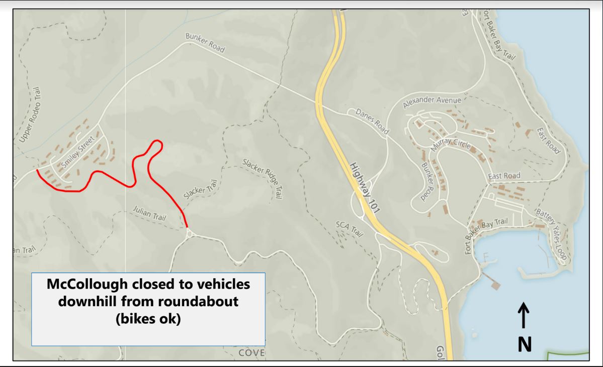 Map of the Marin Headlands, north of the Golden Gate Bridge, with Highway 101 to the right in yellow and McCullough Road in red to the left. McCullough Road will be closed to vehicles downhill.