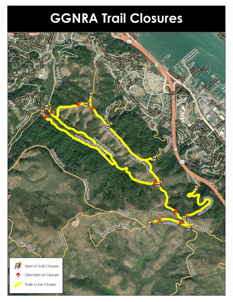 Map of the Marin Headlands with Avenue and Rodeo Avenue Fire Roads, Bobcat and Oakwood Valley Trails in yellow to indicate trail closure. Map of the Marin Headlands with Avenue and Rodeo Avenue Fire Roads, Bobcat and Oakwood Valley Trails in yellow to indicate trail closure.
