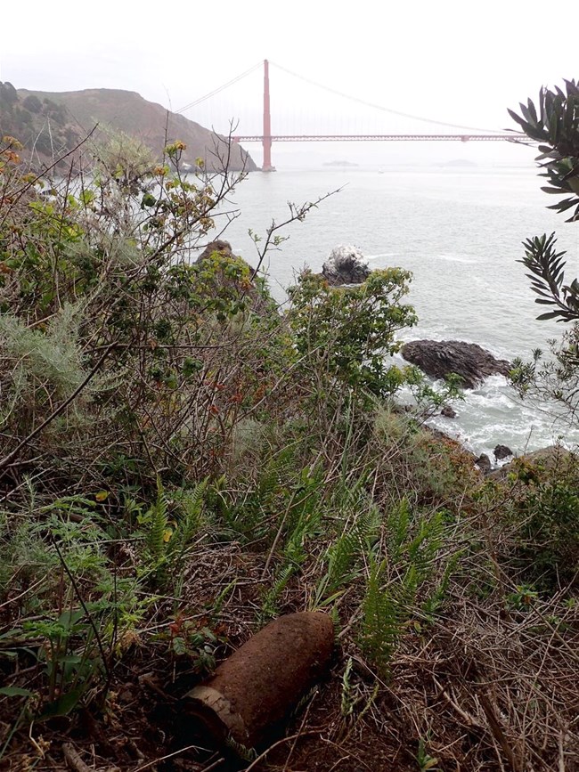 Peter Gavette archaeologist for the NPS photo of 1880s ordinance found in the Marin Headlands with Golden Gate Bridge in background