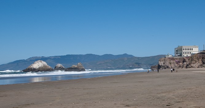The northern end of Ocean Beach with the former Cliff House building in the background