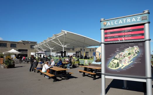 Alcatraz signage and seating area