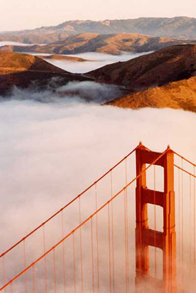 Aerial view of the fog swept Golden Gate Bridge and Marin Headlands (photo courtesy Robert Campbell)