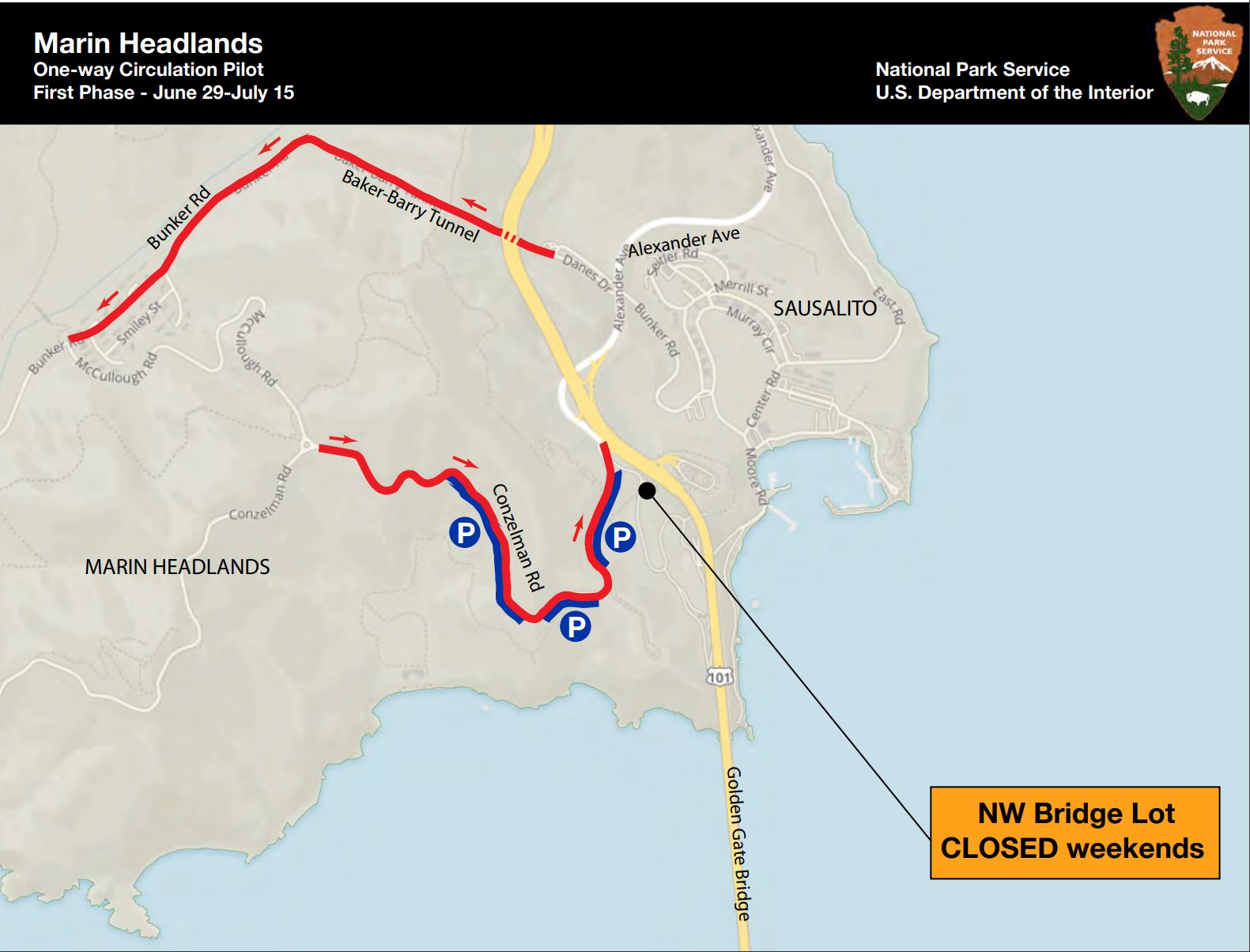 Map of Conzelman Road and Baker-Barry Tunnel showing traffic flow direction.