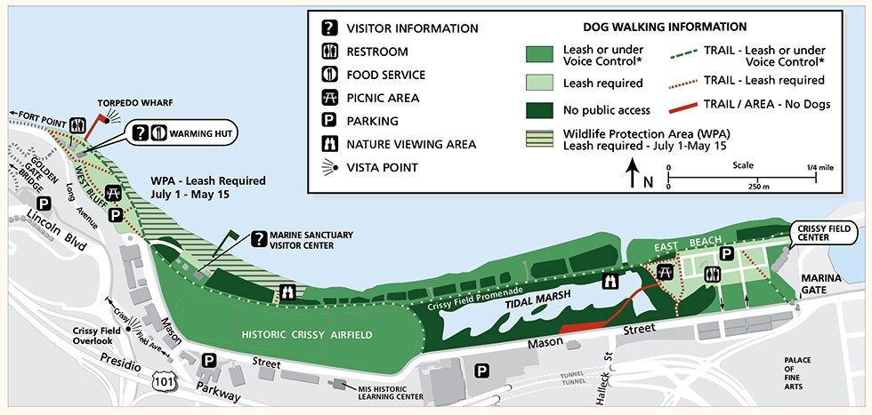 Map of Crissy Field showing areas where dogs can be walked under voice control, leash required, and no access allowed Map of Crissy Field showing areas where dogs can be walked under voice control, leash required, and no access allowed