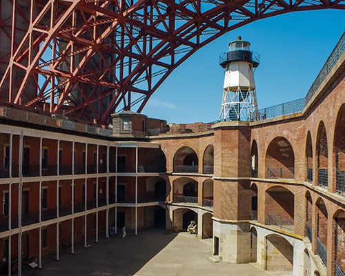 Fort Point and its Lighthouse in view on a sunny day as visitors roam around.