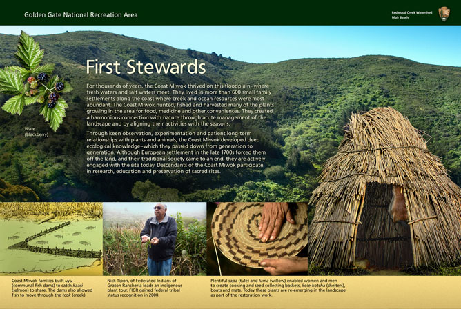 "First Stewards" wayside exhibit panel at Kaashi Way, Muir Beach.