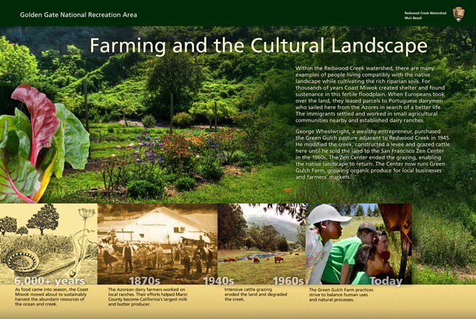 "Farming and the Cultural Landscape" wayside exhibit panel at Kaashi Way, Muir Beach.