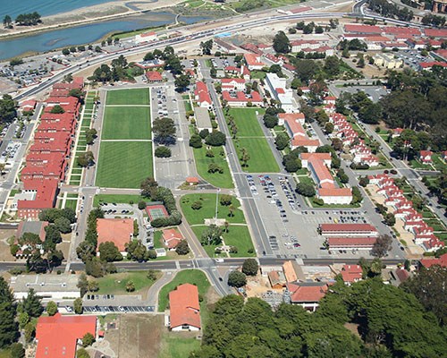 Birds eye view of roads and buildings of main post of the Presidio 