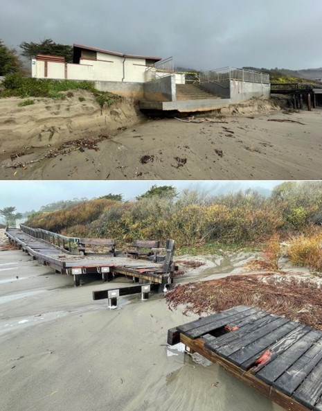Two pictures of storm damage at Stinson Beach. Top picture shows restroom and bottom picture shows damaged boardwalk.