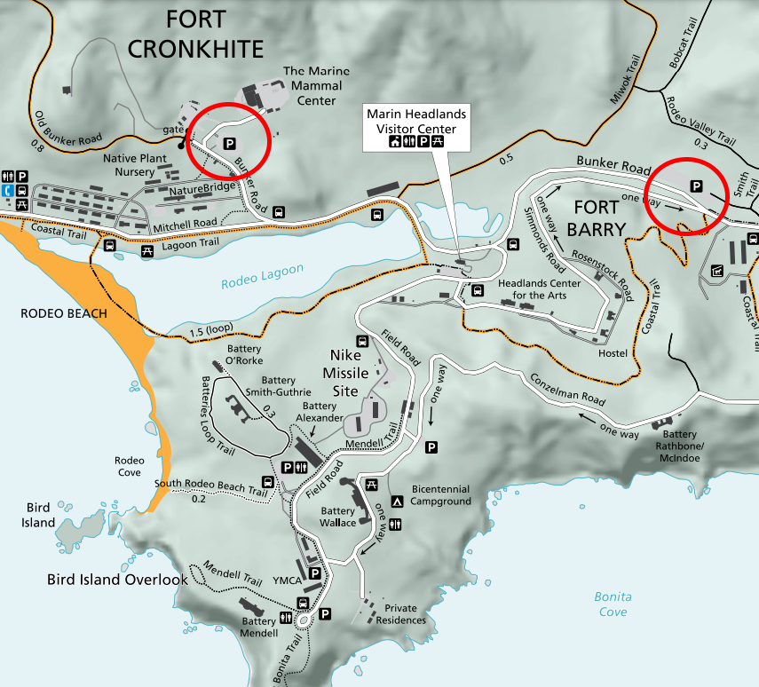 A map of the Marin Headlands. The lower Marine Mammal Center parking lot is circled in red. The Smith parking lot, farther way on Bunker Road, is also circled in red.