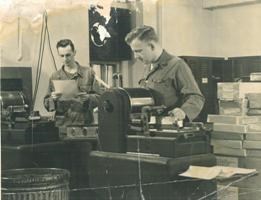 William Bandura (right) in the Mimeography Office on Governors Island, 1951.