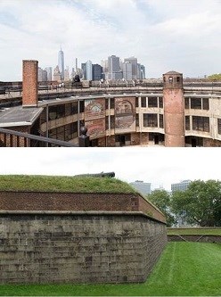 Visit our two forts, Fort Jay and Castle Williams Upper Image: Roof and inner courtyard of Castle Williams with Manhattan Skyline in background. Lower Image: scarp or wall and dry moat of Fort Jay