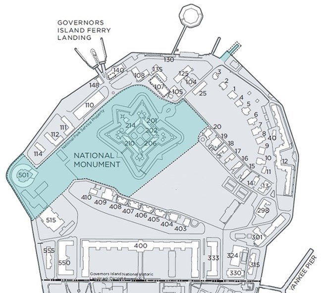 map indicating boundaries of Governors Island National Monument as highlighted in color.