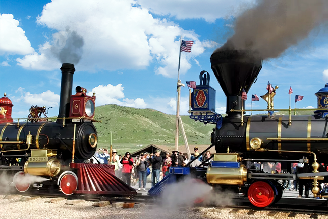 The jupiter and the number 119 locomotives at the last spike site.