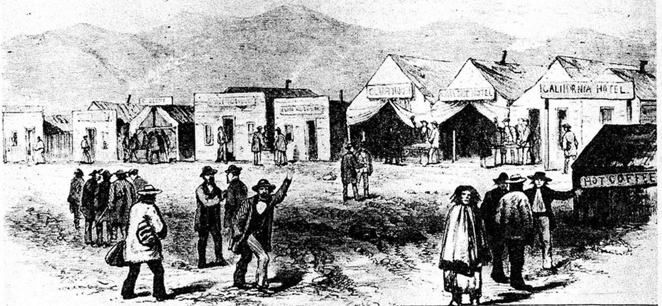 Drawing of travelers walking around a tent city.
