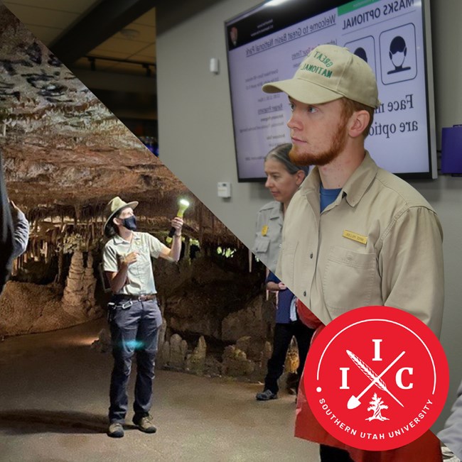 A collage of two images with the red IIC logo in the bottom right corner. The images are split by a line down from top left to bottom right, and the left image shows an intern giving a cave tour, on the right an intern at the front desk.