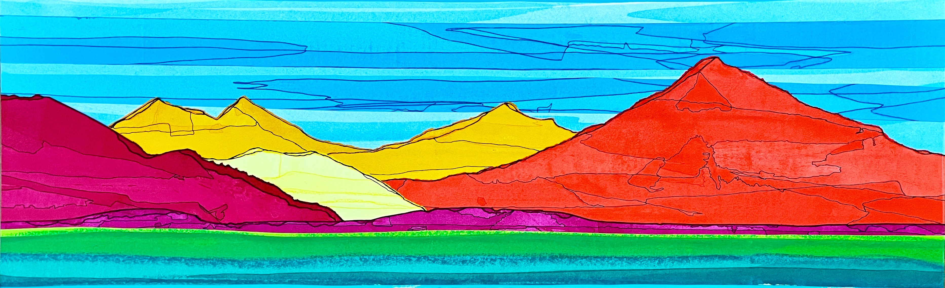 A multicolored art piece depicting the mountains of Great Basin National Park in layers of different colors for each peak. Reds, yellows and purples for the peaks, green and blue for the valley below and sky above.