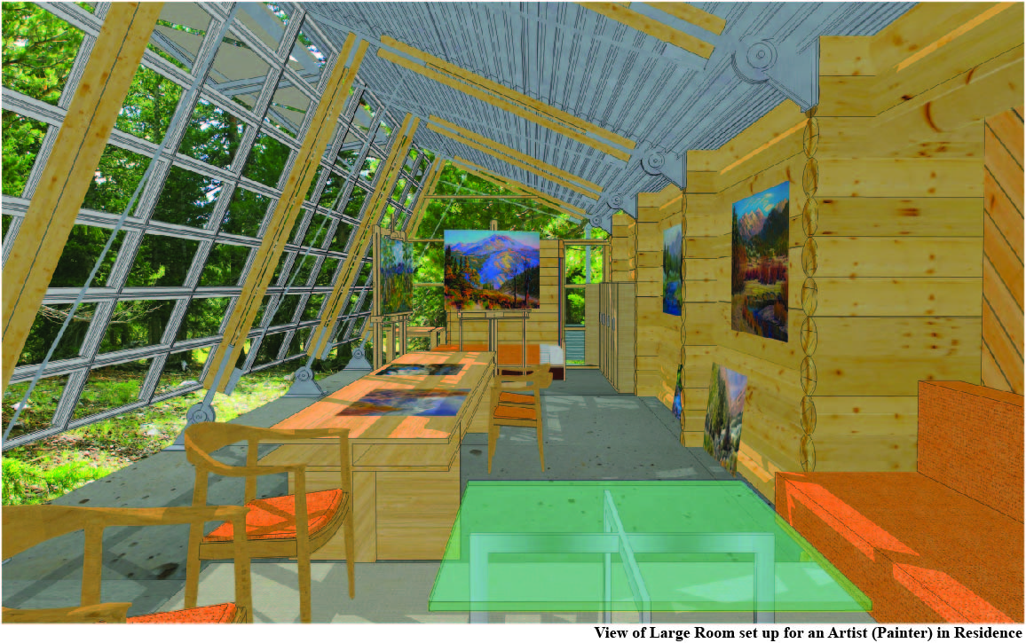 A computer-generated color image of a large gallery inside a wooden building with a metal roof. Large windows to one side show tall green trees and grasses outside, with sitting areas, gallery space for art, and a large table for creating.