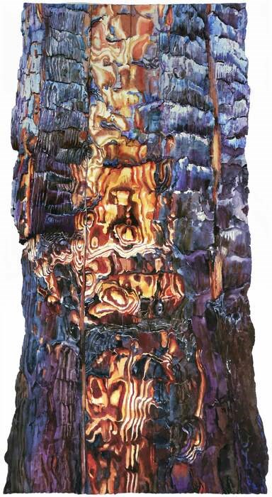 A color painting of a burned out tree segment, likely the trunk or a large branch. The piece stands vertically with its edges a charred black and center a mix of blacks and natural brown. Texture is evident thoughout, with the many ridges of natural trees