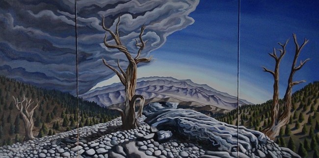 A color image of a painting of bare, twisted trees standing on a rocky slope. A large storm cloud dominates more than half of the sky, and mountains stand in the distance.