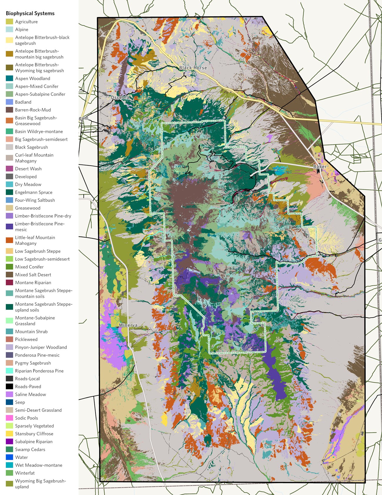 Figure 2. Vegetation Map of Great Basin National Park. Map of park and surrounding area showing roads and different colors for different vegetation types.