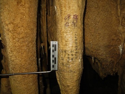 Japanese inscription Tan-colored stalactite with Japanese writing on it, with a white and black scale bar next to it