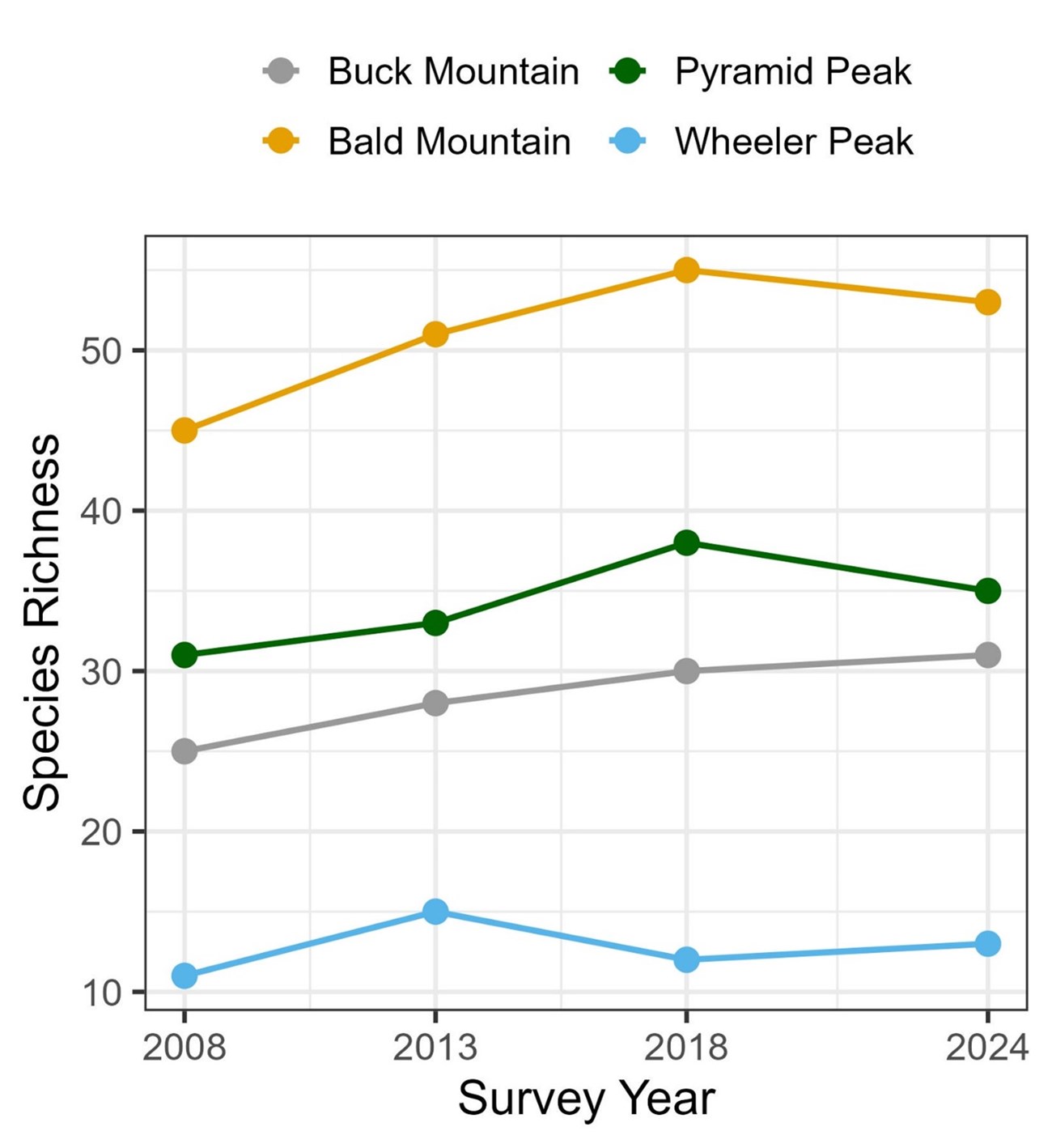 graph shows relatively similar amounts of species richness over 17 years