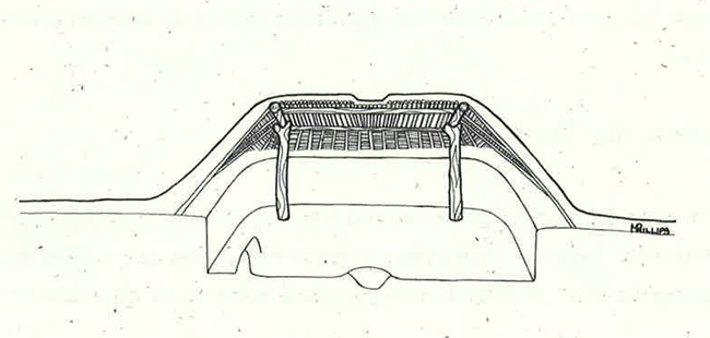 View of the inside of a structure built into the ground and crafted from earthen materials